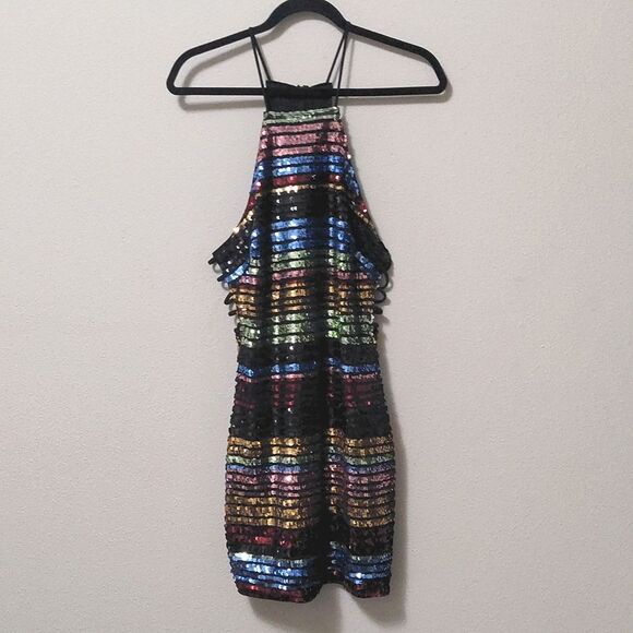 Privy High Neck Rainbow Sequin Mini Dress with Strap Side Cutouts - Picture 1 of 6